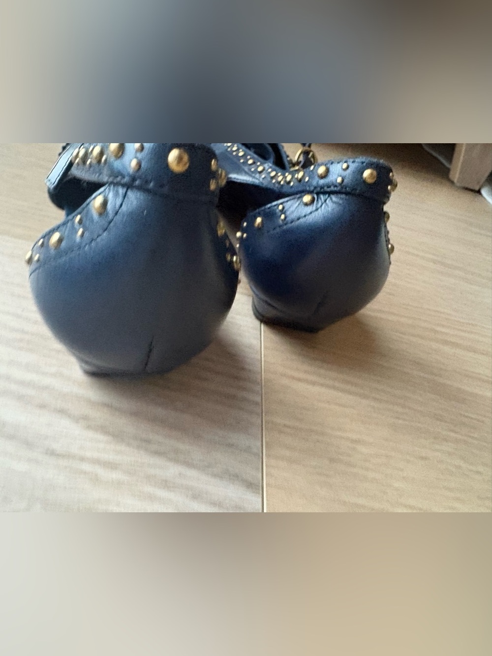Navy Gold-Studded T-Strap Flats - Picture 3 of 5